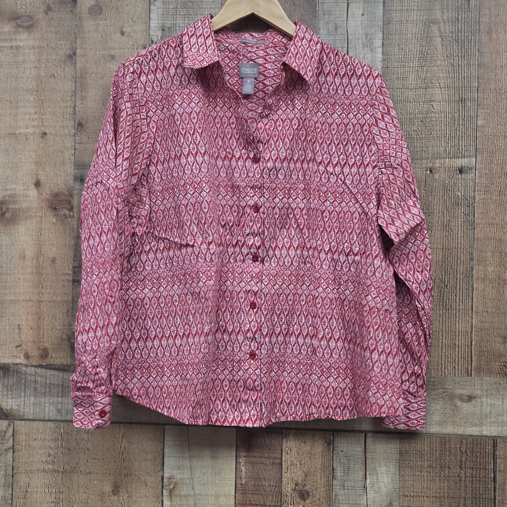 Chico's Scarlet Red Whimsy Mix Lorena Long Sleeve Button Down Shirt Size 3 (16)